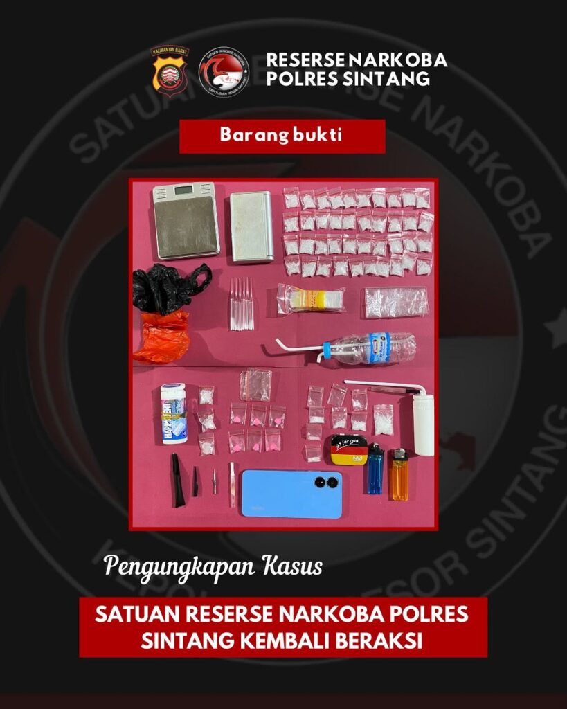 Polres Sintang berhasil mengamankan seorang pengedar narkoba berinisial Z (44) di sebuah kontrakan di Jalan M.T. Haryono. Petugas menemukan barang bukti berupa sabu dan ekstasi.